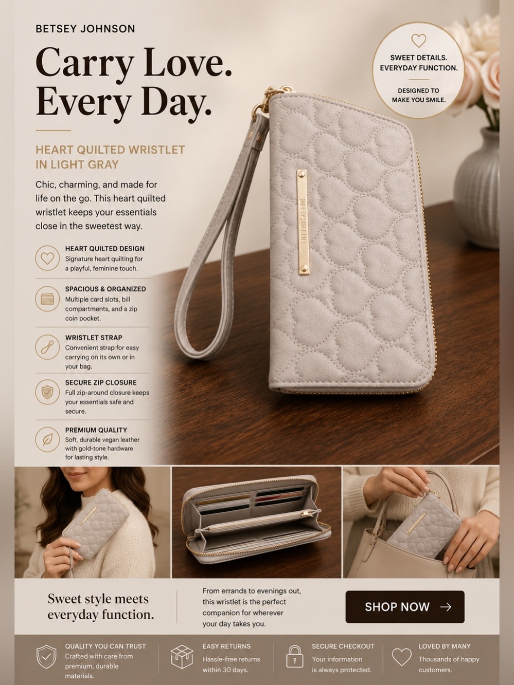 Betsey Johnson Heart Quilted Wristlet in Light Gray